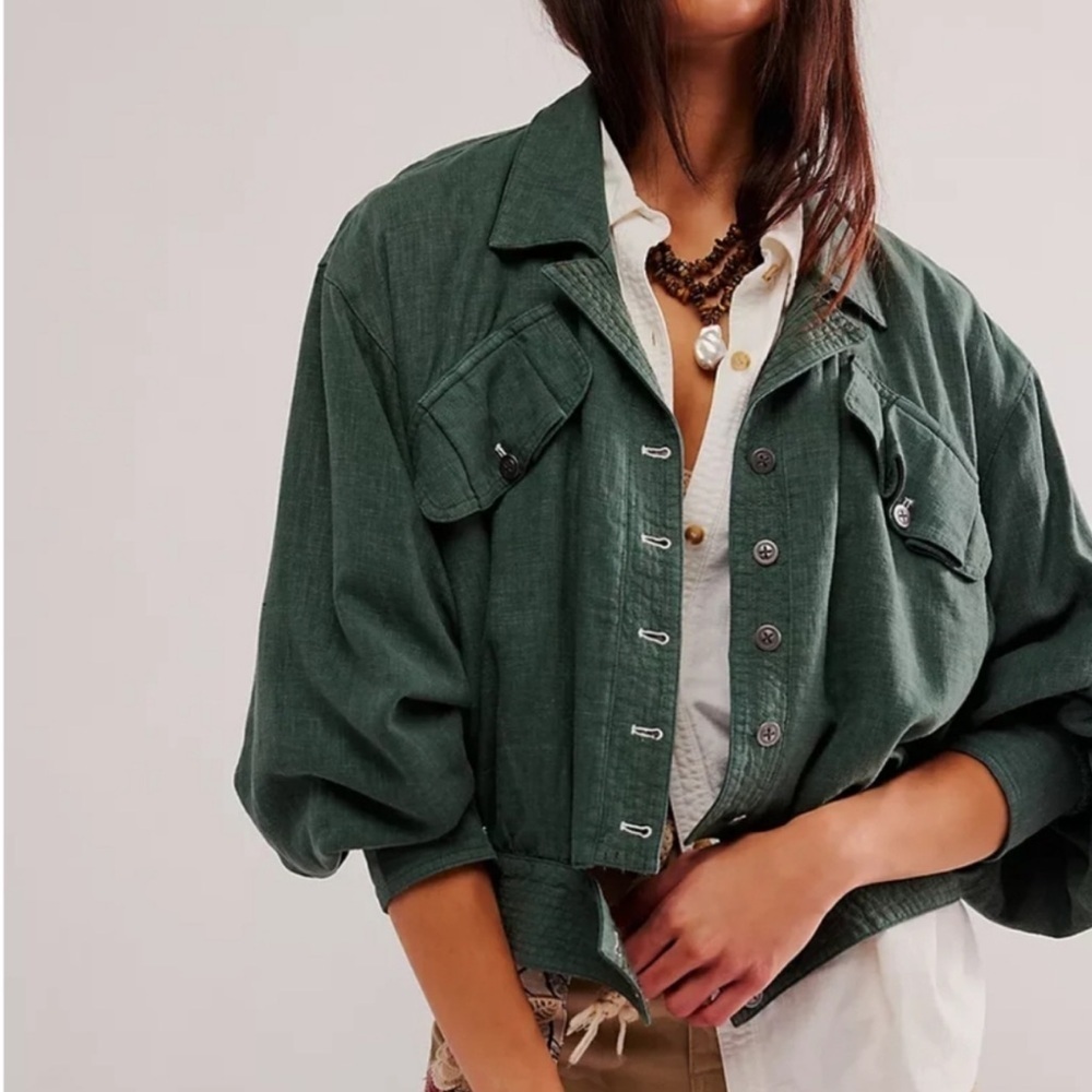 Free People Women's Billy Saddle Jacket Relaxed Cropped Linen Blend Green Small - Picture 4 of 15